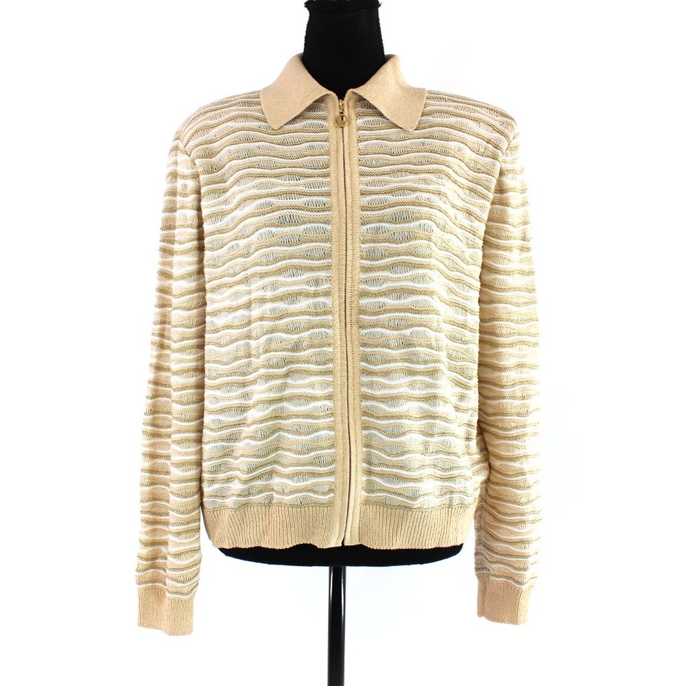 St. John Sport Wool Gold White Textured Stripe Cardigan Jacket L Zip-Up Sweater